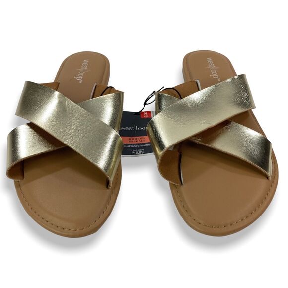 WOMEN'S SMALL (5/6) Metallic Gold Casual Flat Crossover Slide Sandals Cushioned - Picture 11 of 14